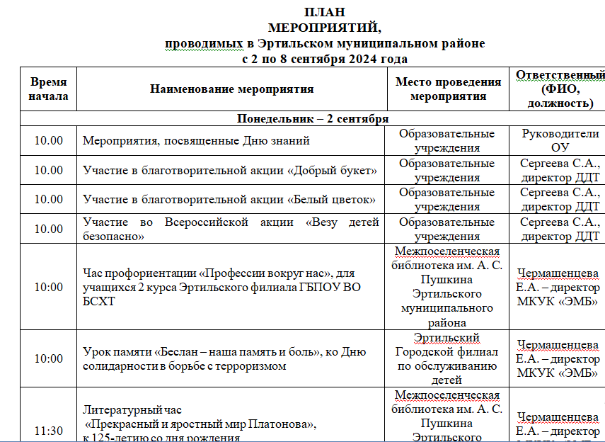 ПЛАН МЕРОПРИЯТИЙ, проводимых в Эртильском муниципальном районе с 02 по 08 сентября.