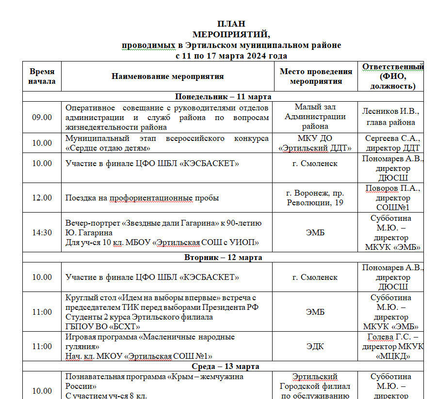 ПЛАН МЕРОПРИЯТИЙ, проводимых в Эртильском муниципальном районе с 11 по 17 марта.