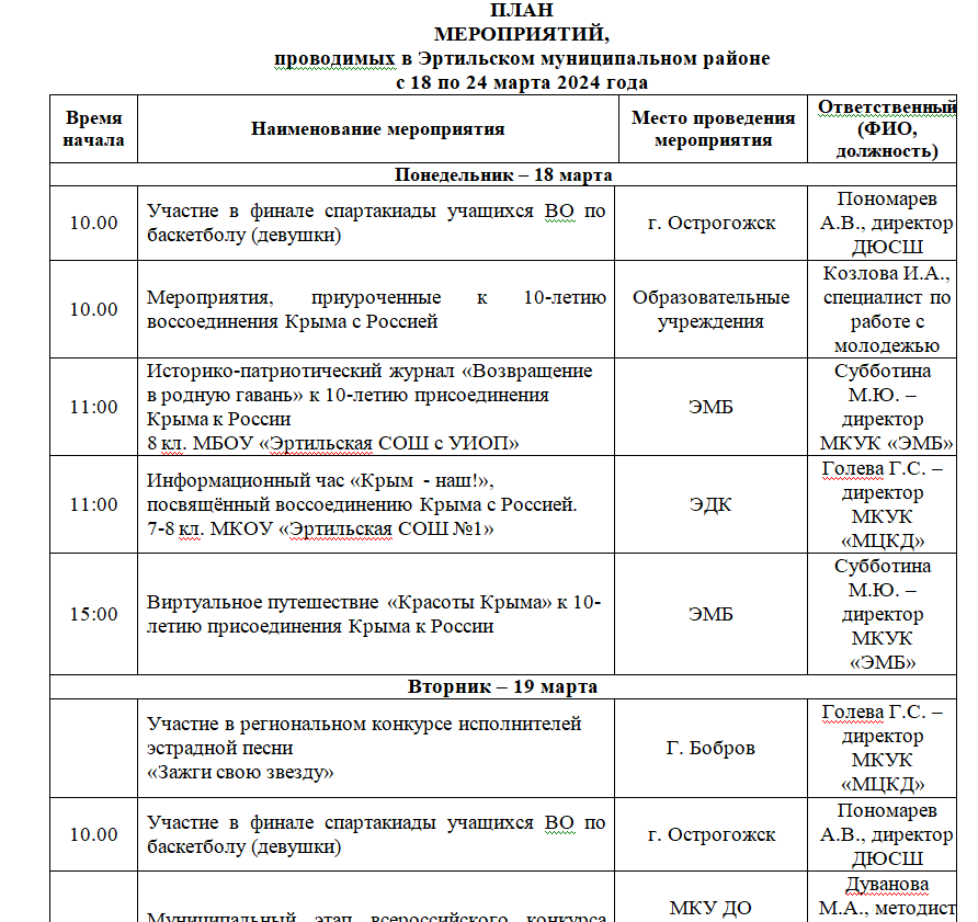 ПЛАН МЕРОПРИЯТИЙ, проводимых в Эртильском муниципальном районе с 18 по 24 марта.