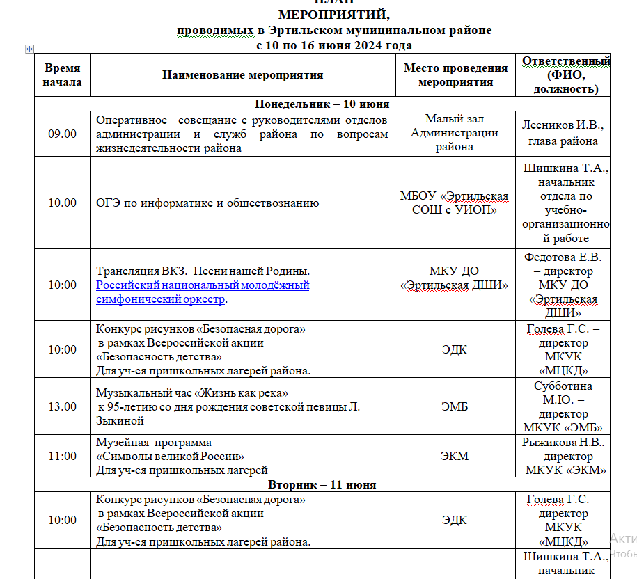 ПЛАН МЕРОПРИЯТИЙ, проводимых в Эртильском муниципальном районе с 10 по 16 июня.