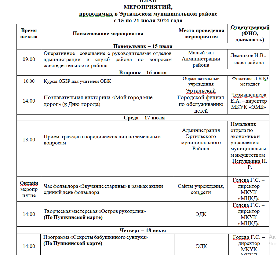 ПЛАН МЕРОПРИЯТИЙ, проводимых в Эртильском муниципальном районе с 15 по 21 июля.