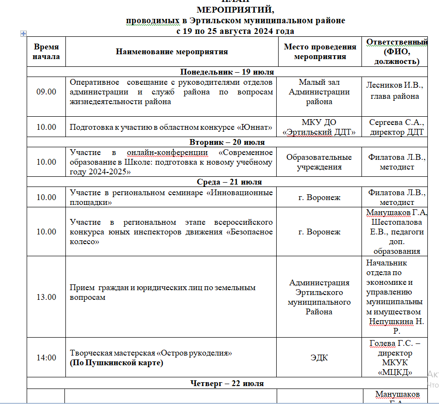 ПЛАН МЕРОПРИЯТИЙ, проводимых в Эртильском муниципальном районе с 19 по 25 августа.