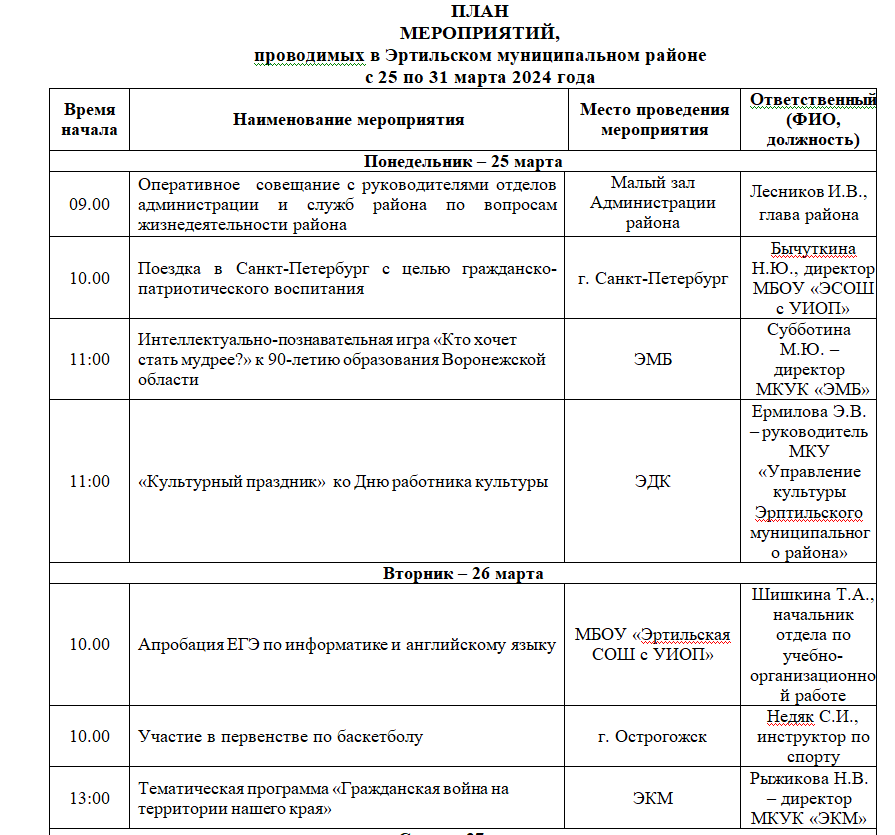 ПЛАН МЕРОПРИЯТИЙ, проводимых в Эртильском муниципальном районе с 25 по 31 марта.