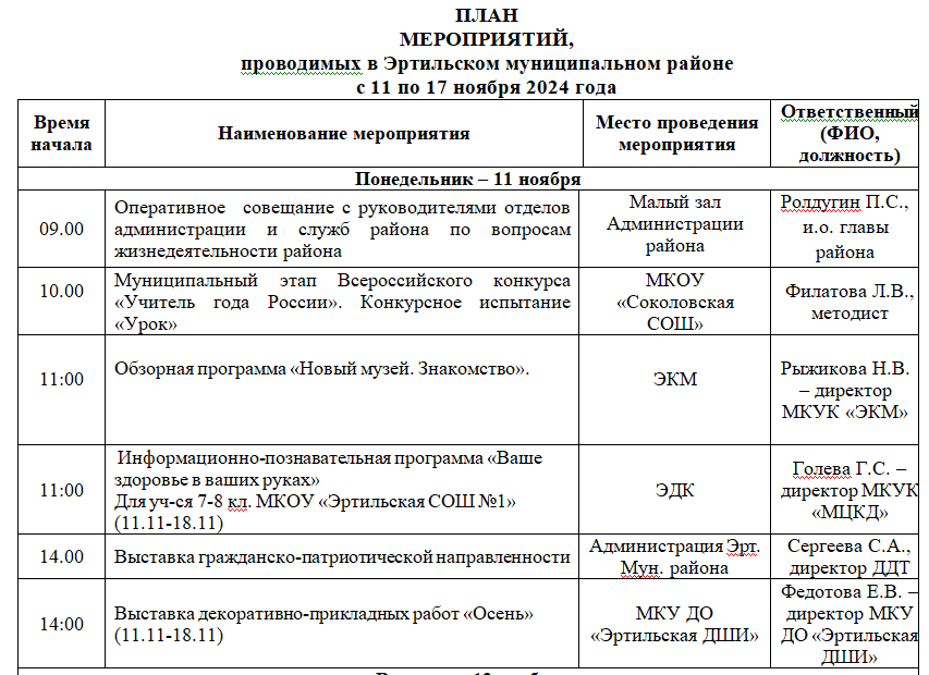 ПЛАН МЕРОПРИЯТИЙ, проводимых в Эртильском муниципальном районе с 11 по 17 ноября.