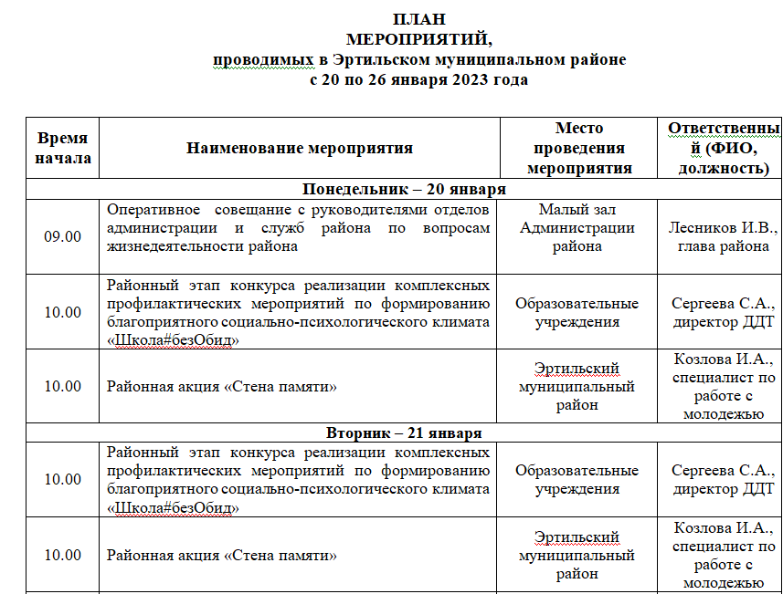 ПЛАН МЕРОПРИЯТИЙ, проводимых в Эртильском муниципальном районе с 20 по 26 января.