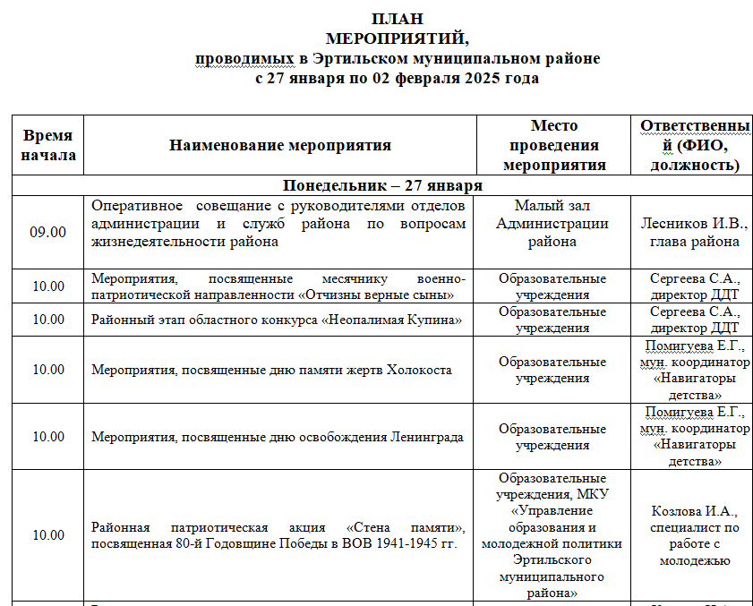 ПЛАН МЕРОПРИЯТИЙ, проводимых в Эртильском муниципальном районе с 27 января по 2 февраля.