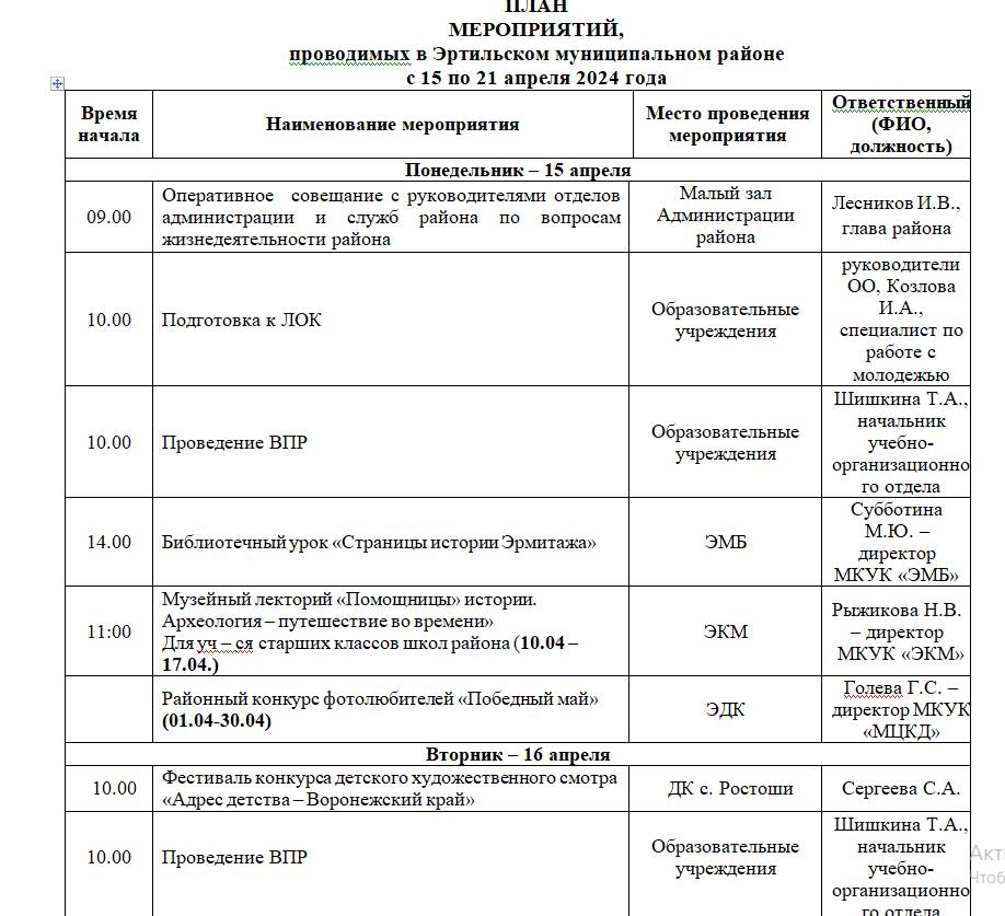 ПЛАН МЕРОПРИЯТИЙ, проводимых в Эртильском муниципальном районе с 15 по 21 апреля.